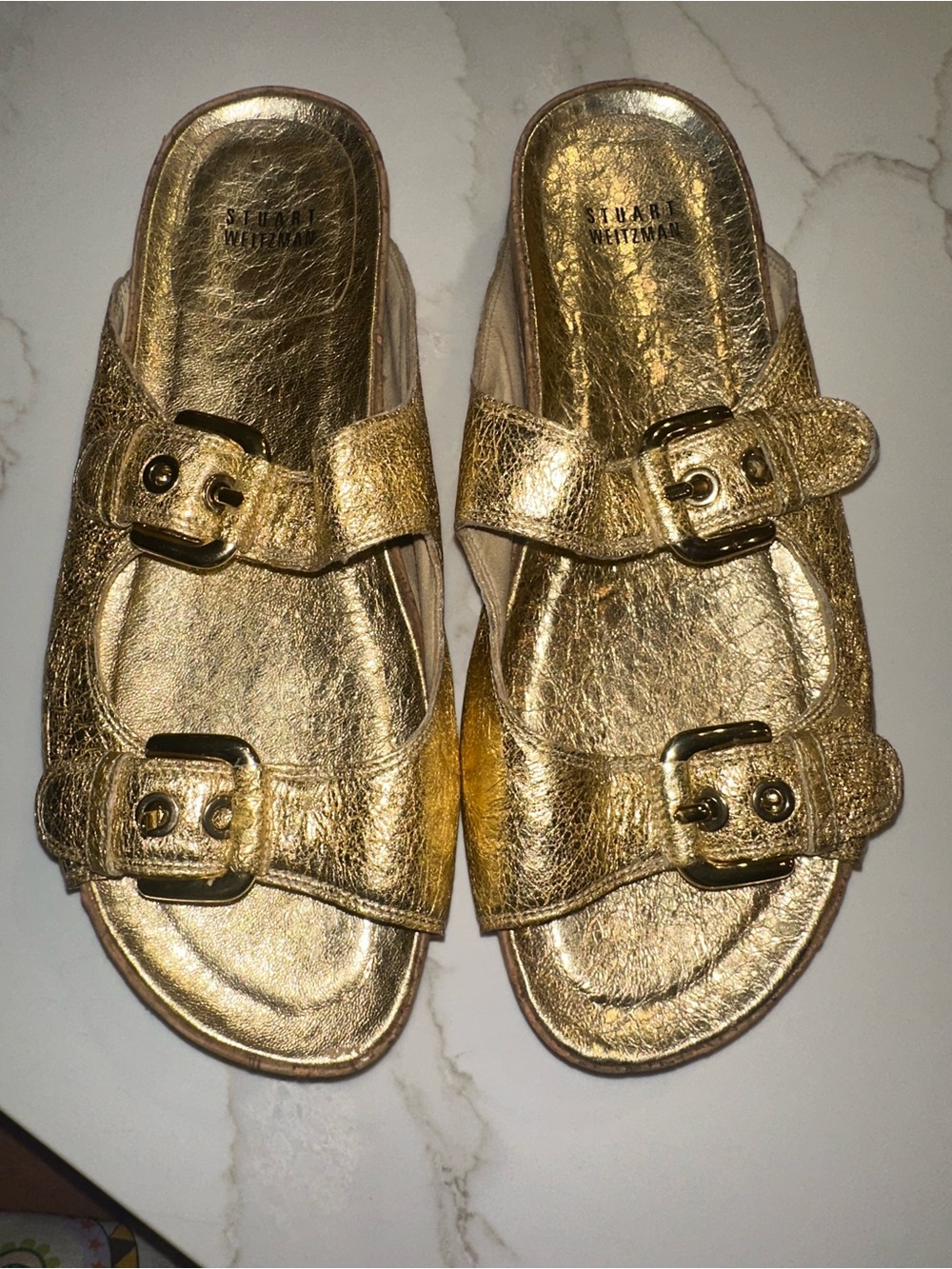 Stuart Weitzman Metallic Gold Double Buckle Slide Sandals
